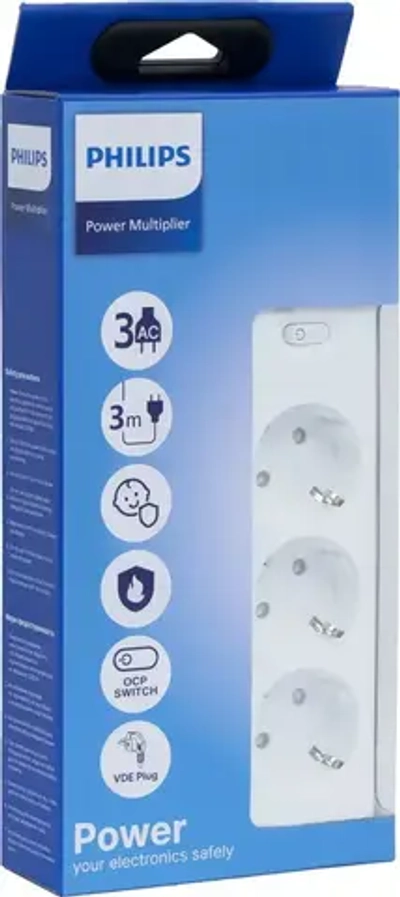 Philips сетевой фильтр 3 Розетки, кабель - 2M белый