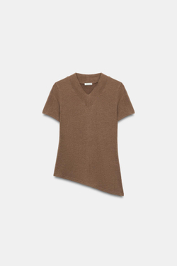ZARA ФУТБОЛКА С V-ОБРАЗНЫМ ВЫРЕЗОМ И АСИММЕТРИЧНЫМ НИЗОМ, КОРИЧНЕВЫЙ
