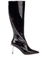 Женские лаковые чёрные сапоги на шпильке со стразами