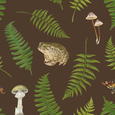 Папоротники и жабы на коричневом