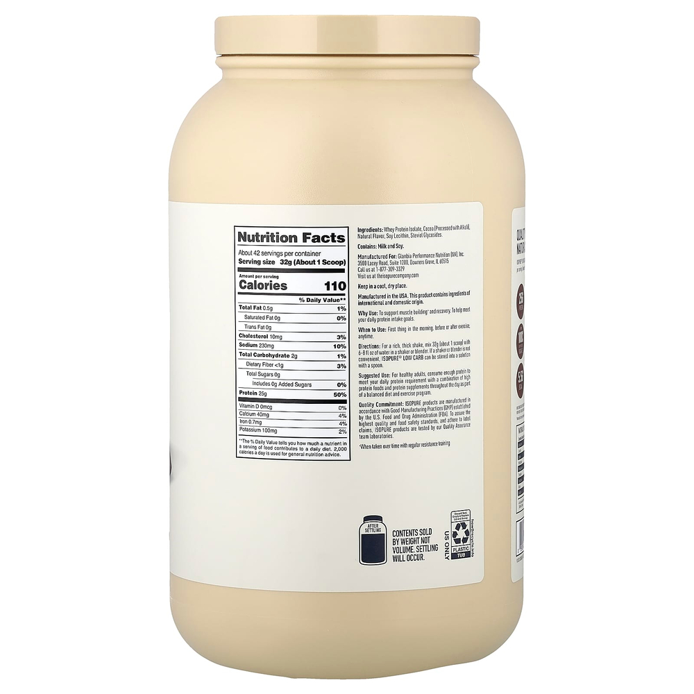 Isopure, протеиновый порошок с низким содержанием углеводов, со вкусом шоколада, 1,36 кг (3 фунта)