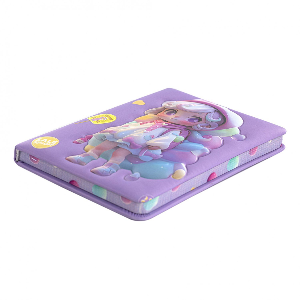 Записная книжка 12,5 см * 17,5 см , 7БЦ, Alingar, ПВХ, конгрев 3D, поролон, 96л., линия, ляссе, цветной срез, "Модная дечонка", сиреневый