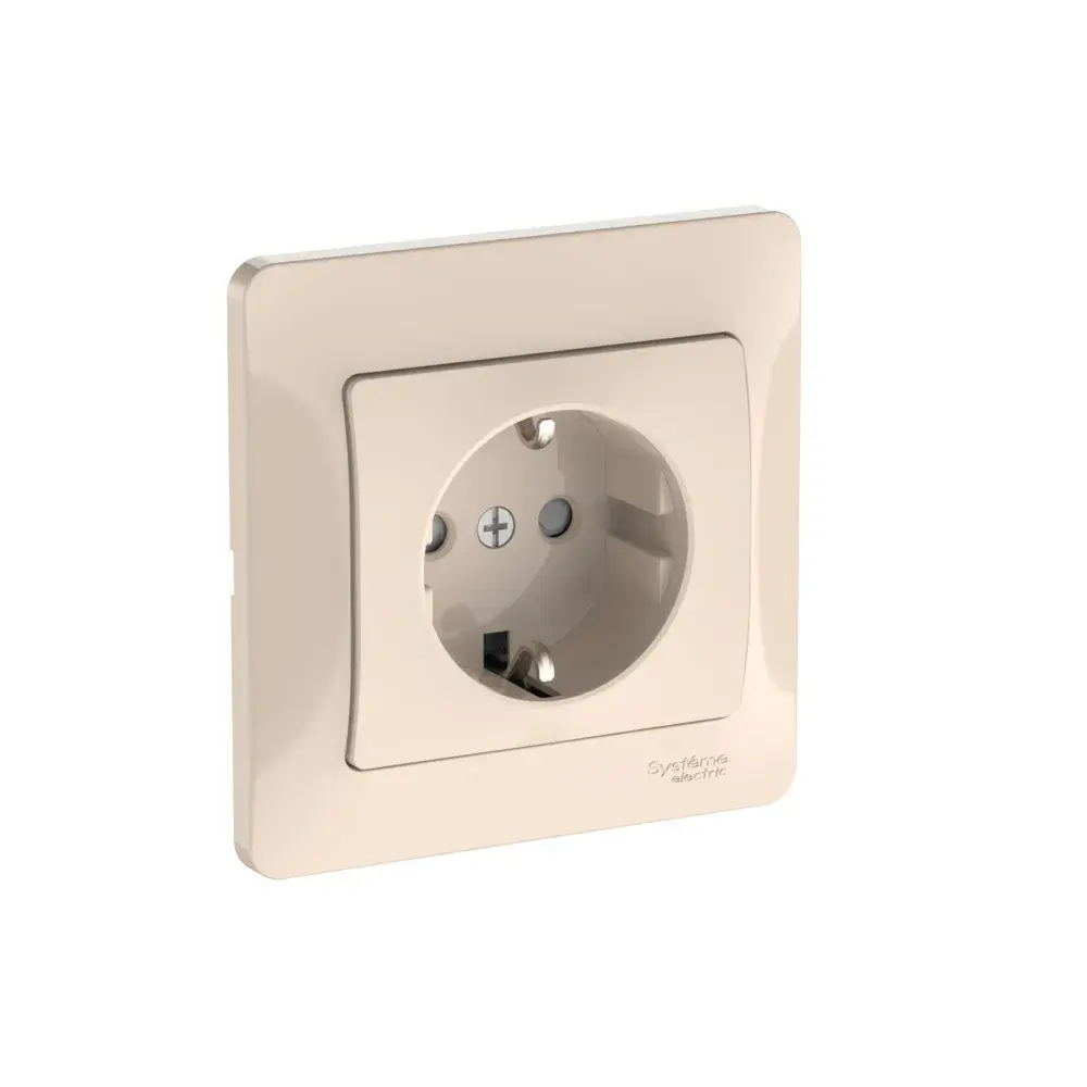 GLOSSA РОЗЕТКА с заземлением со шторками, 16А, в сборе, быстрозажим. клем., БЕЖЕВЫЙ