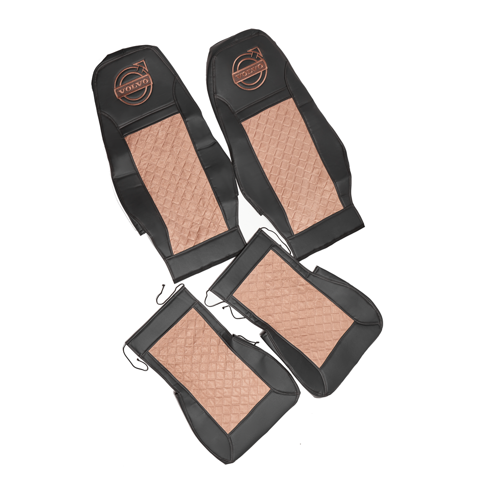 Чехлы VOLVO FM после 2008 года: 2 высоких сиденья, ремень у водителя из сиденья, у пассажира - от стоек кабины (один вырез на чехлах) (экокожа, черный, коричневая вставка)