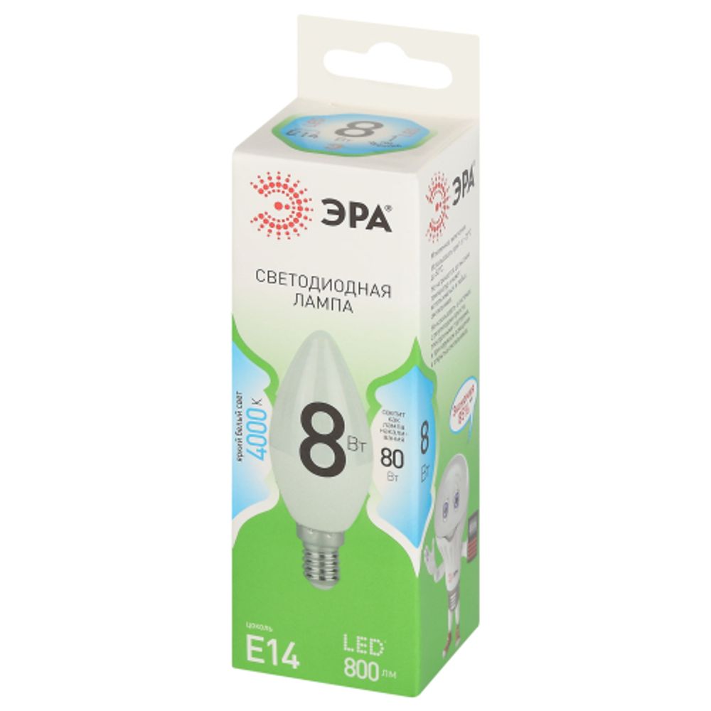 Лампочка светодиодная ЭРА GREEN LINE LED B35-8W-840-E14 GL E14 8 Вт свеча яркий белый свет