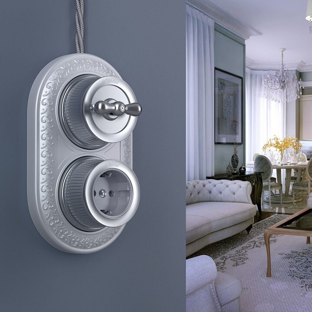 Розетка с заземлением и со шторками Werkel Ретро (матовый хром) WL19-10-02