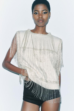 ZARA ТРИКОТАЖНЫЙ ЖИЛЕТ С БАХРОМОЙ И БУСИНАМИ, ЭКРЮ