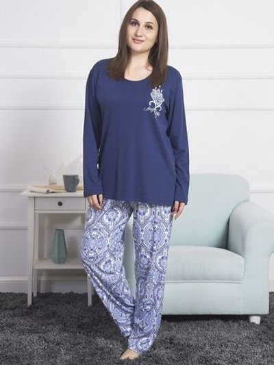 Милый женский домашний комплект с брюками прямого покроя (Размер: XXXL) (Цвет: темно-синий)