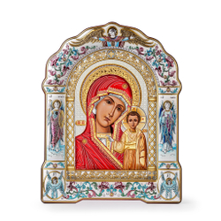 Казанская БМ, икона арочная с рамкой под стеклом, красное дерево,эмаль 266х335
