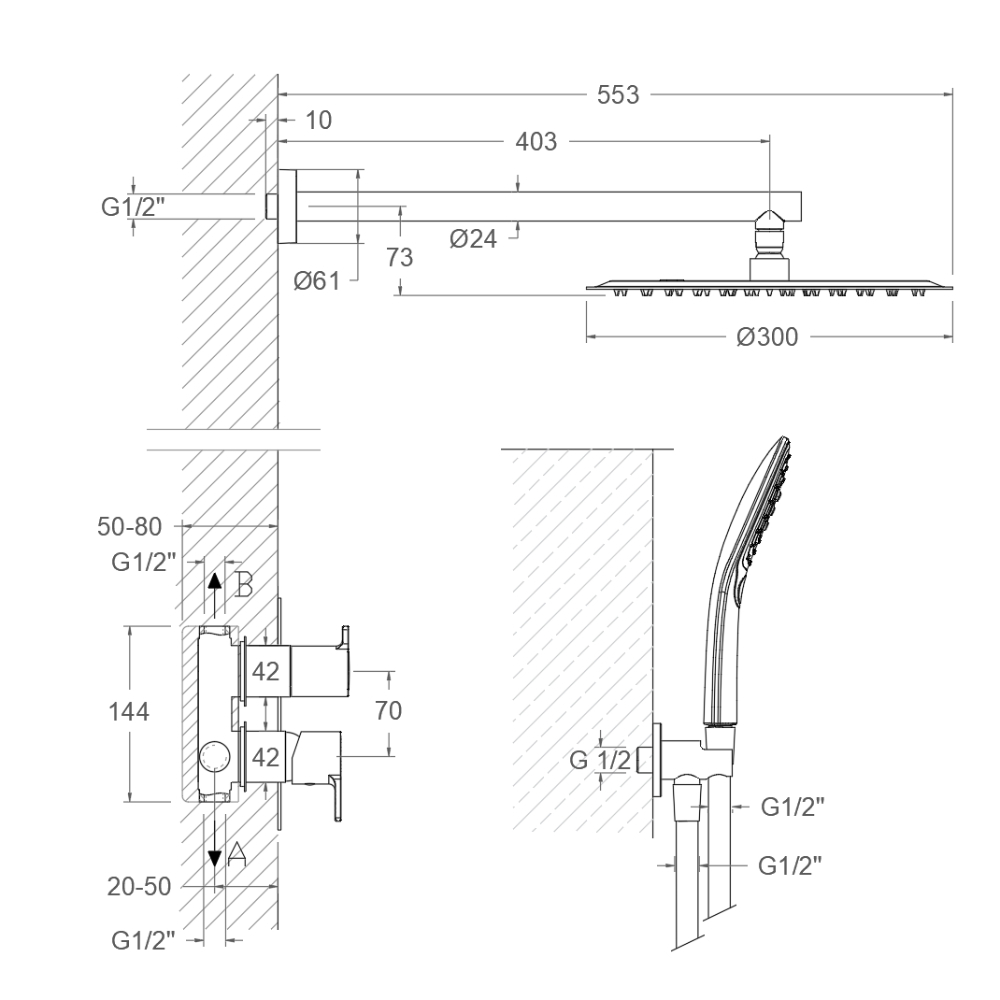 Встраиваемый смеситель для душа на 2 выхода с троп. и ручным душем BLAUTHERM 941512RM300GR графит
