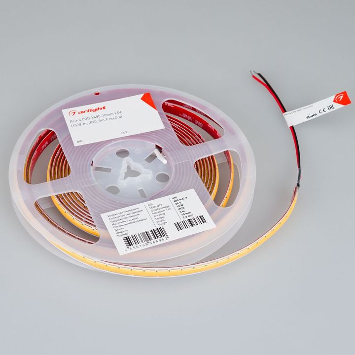 Светодиодная лента Arlight 10W/m 480Led/m CSP теплый белый 5M COB-X480-10mm 24V Warm3000 044196