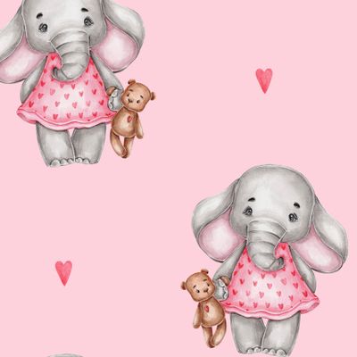 Слоник в розовом платье с мишкой (на розовом фоне)