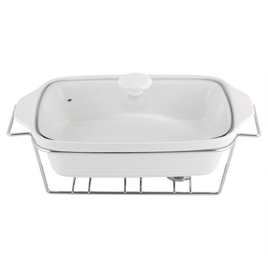 Мармит керамический прямоугольный 2,4 л. Kamille КМ-6403 со стеклянной крышкой на хромированной подставке