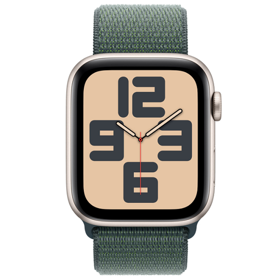 Умные часы Apple Watch SE 2024, 44 мм, корпус из алюминия цвета «сияющая звезда», спортивный браслет зеленого цвета (MXEW3)