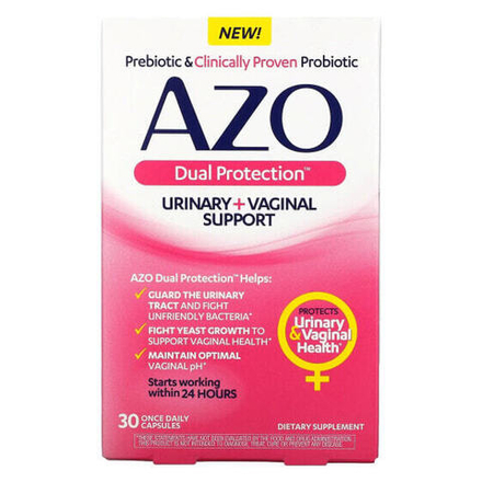 Для пищеварительной системы Azo, Dual Protection, поддержка мочеиспускания и влагалища, 30 капсул для приема один раз в день