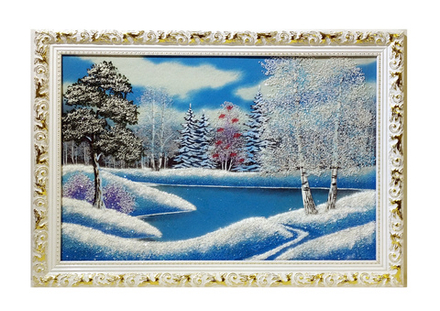 Картина №6 " Зимний пейзаж" рисованная уральскими минералами 70-50-3см