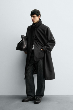 ZARA ТРЕНЧ ОВЕРСАЙЗ С ШЕРСТЬЮ, ЧЕРНЫЙ