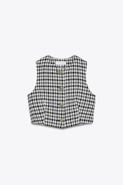 ZARA УКОРОЧЕННЫЙ ЖИЛЕТ ИЗ РЕЛЬЕФНОЙ ТКАНИ, ЭКРЮ/ЧЕРНЫЙ