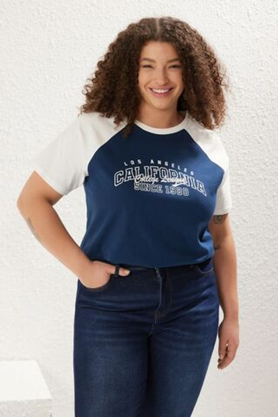 Синяя цветная блочная печатная 100% хлопчатобумажная трикотажная футболка больших размеров TBBSS23BF00014