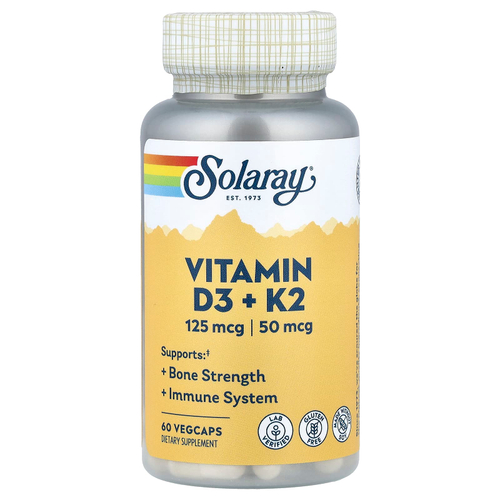 Solaray, витамины D3 и K2, без сои, 60 растительных капсул