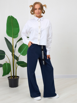 Брюки утепленные для девочки палаццо с ремнем "Fashion" тёмно-синие