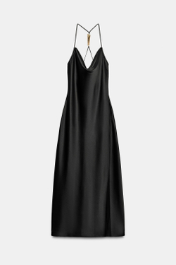 ZARA АТЛАСНОЕ ПЛАТЬЕ С ФУРНИТУРОЙ НА СПИНКЕ, ЧЕРНЫЙ