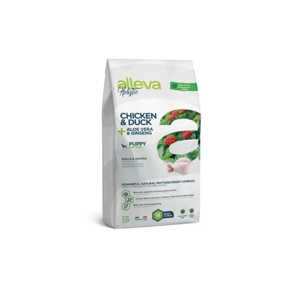 Alleva holistic puppy/junior chicken & duck mini сухой корм для щенков и юниоров с курицей и уткой, алое вера и женьшенем - 2 кг
