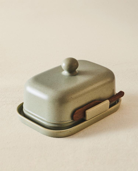 ZARA HOME КЕРАМИЧЕСКАЯ МАСЛЕНКА С НОЖОМ, ЗЕЛЕНЫЙ