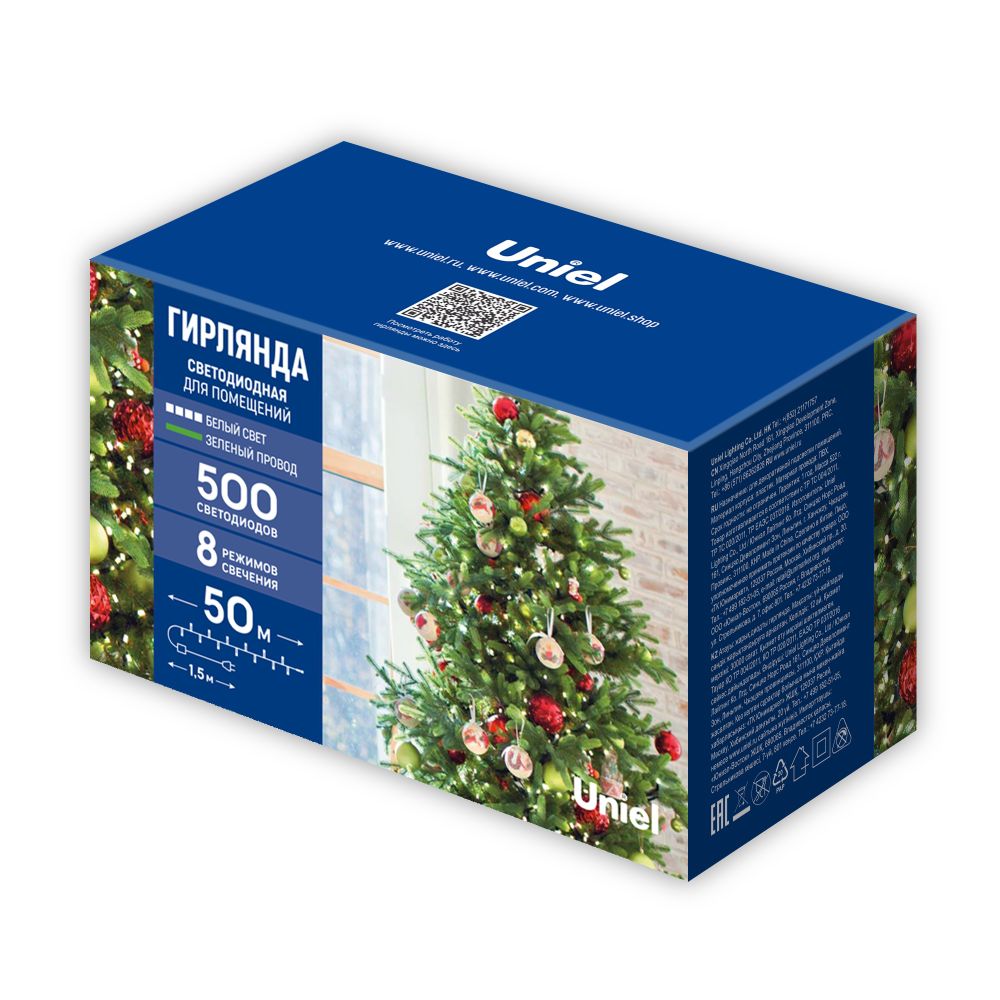 ULD-S5000-500-DGA WHITE IP20 Гирлянда светодиодная. 50м. 500 светодиодов. Белый свет. Провод зеленый. ТМ Uniel