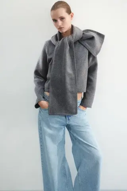H&M КУРТКА ИЗ ВОЙЛОКА С ШАРФОМ, СЕРЫЙ