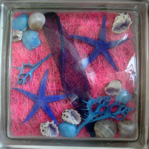 Стеклоблок декоративный Морские звезды и ракушки МТ-009-С  19x19x8 см.