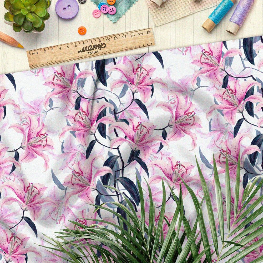 Ткань бифлекс розовые лилии с синей листвой на белом фоне