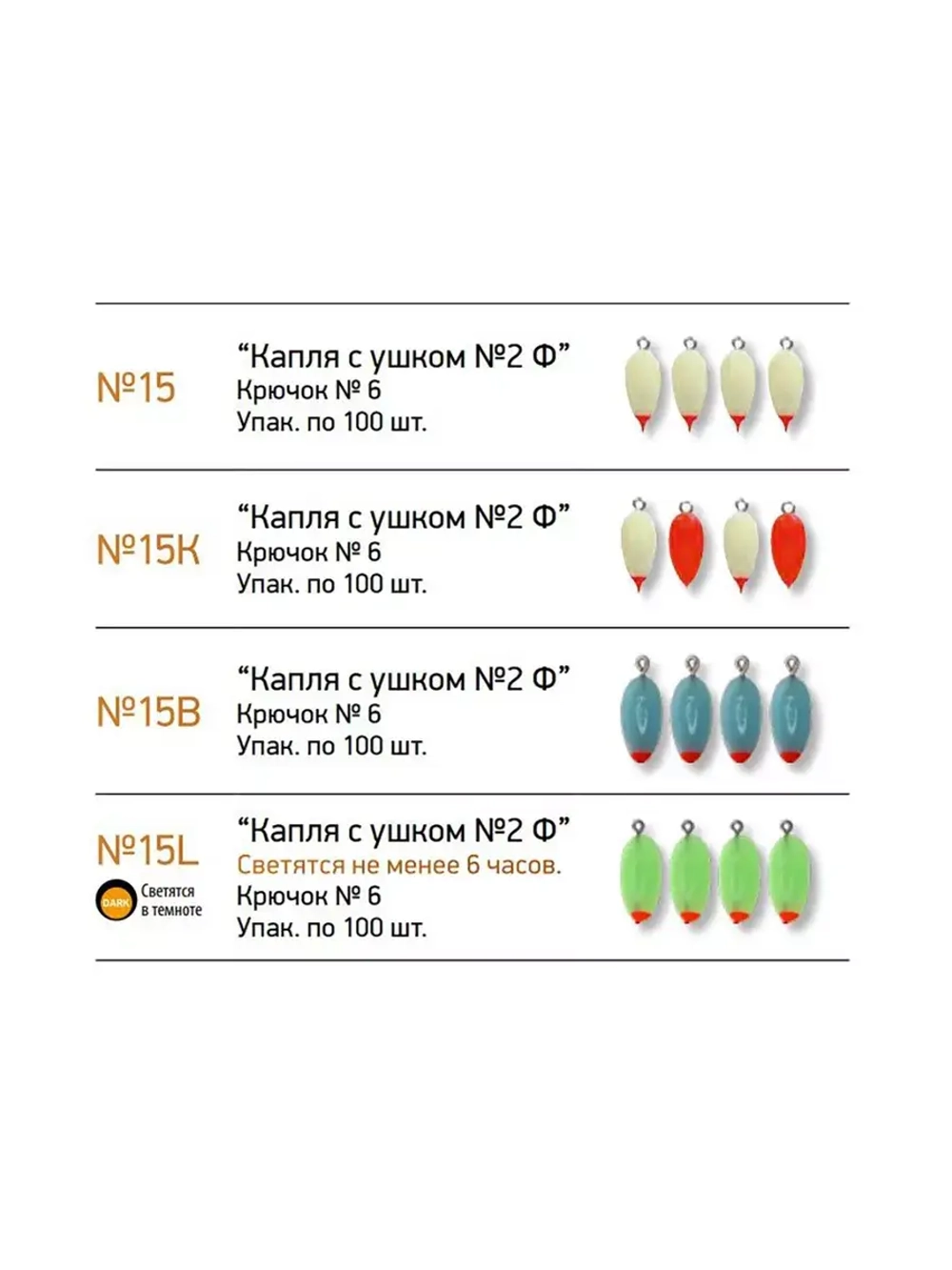 Мормышки фосфорные №15-LB "Капля 2Ф с ушком", 100шт
