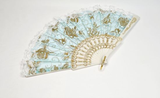 Веер "Вьюнок" бирюзовый с золотом раскрытие 170 градусов