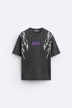 ZARA ТРИКОТАЖНАЯ ФУТБОЛКА С РЕЛЬЕФНЫМ ПРИНТОМ, АНТРАЦИТОВО-СЕРЫЙ