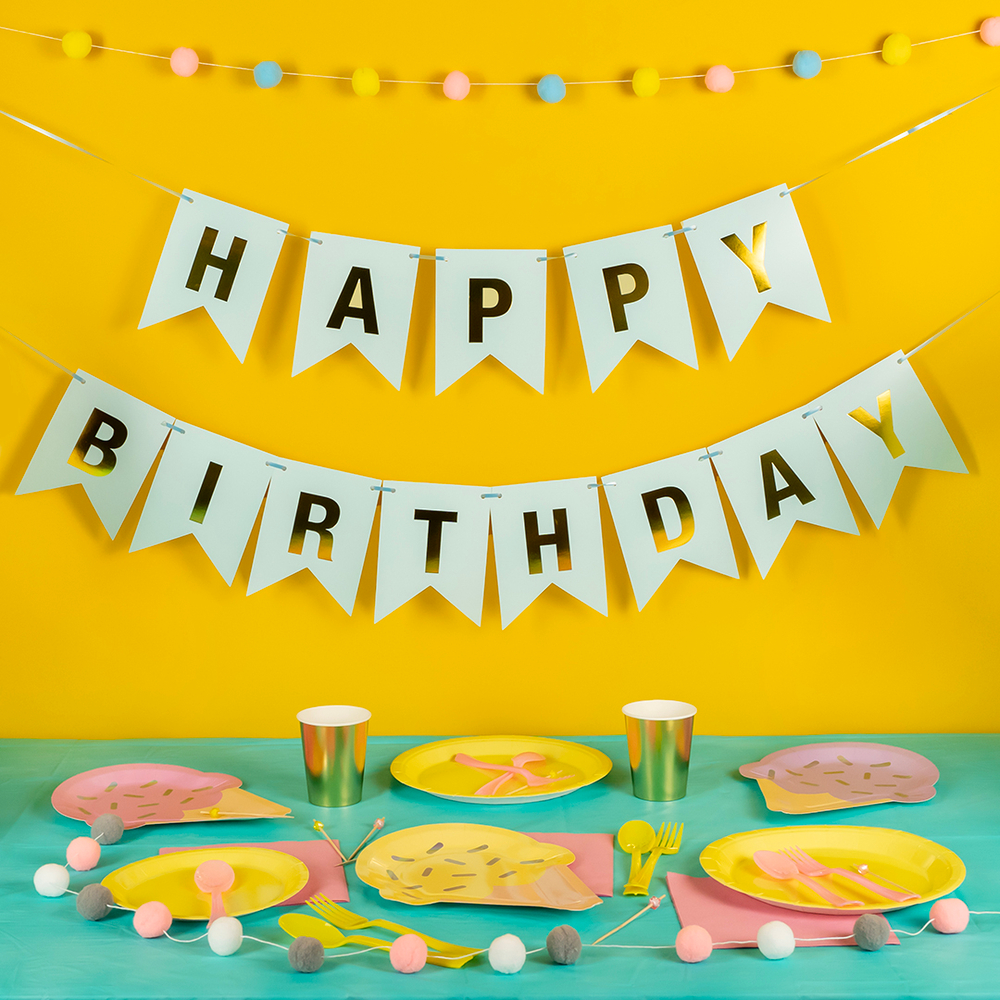 Гирлянда Флажки, Happy Birthday, Белый/Золото, Металлик, 500 см, 16*12 см