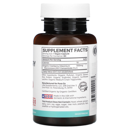 Pure Co., Органический концентрат клюквы, 500 мг, 60 веганских капсул