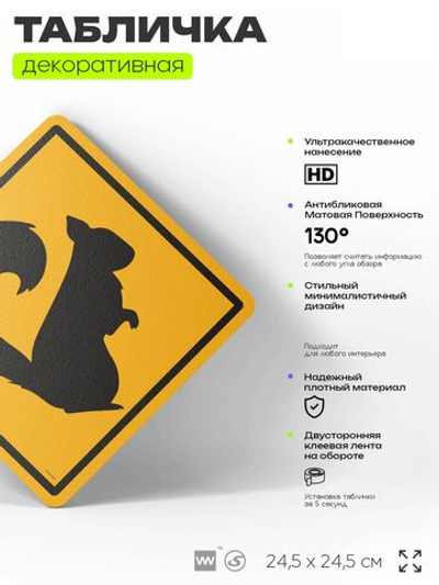 Табличка прикольная "Осторожно, белки" на дверь и стену, информационная и предупреждающая, декоративный знак, 24,5х24,5 см, пластиковая, Айдентика Технолоджи