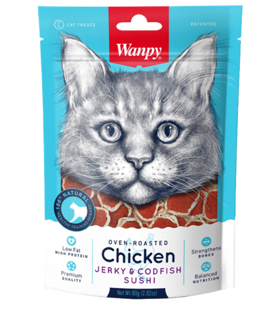 Wanpy Cat Лакомство для кошек «суши» из курицы с треской 80гр.