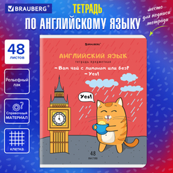 Тетрадь предметная "КОТ-ЭНТУЗИАСТ" 48 л., TWIN-лак, АНГЛИЙСКИЙ ЯЗЫК, клетка, подсказ, BRAUBERG, 404558