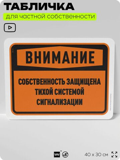Табличка для частной территории "Внимание, собственность защищена системой сигнализации", на дом, для участка, организаций и частных территорий, 40х30 см, Silver Plane x Айдентика Технолоджи