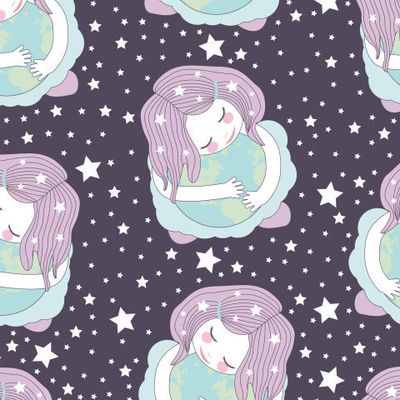 милая маленькая девочка обнимает земной шар. концепция заботы о планете Земля. забота об окружающей среде. девушка спит на планете.