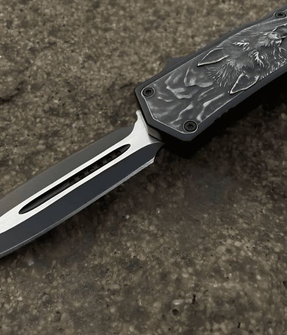 Тактический складной нож фронтально-выкидной автоматический Черно-серый 3D