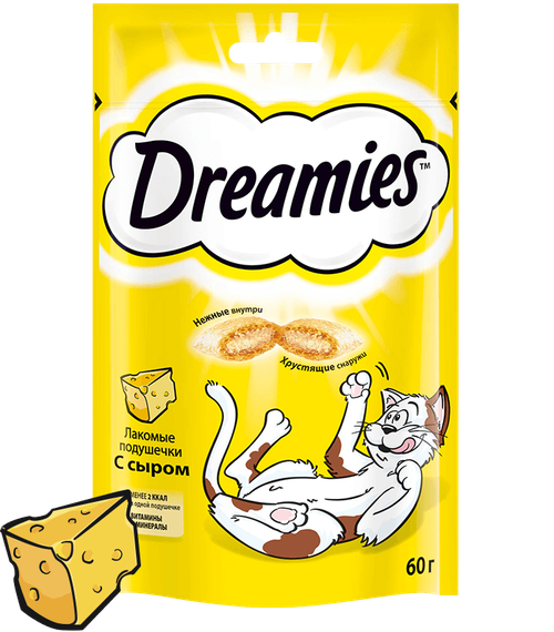 Лакомство Dreamies для кошек, лакомые подушечки с сыром, 60 г