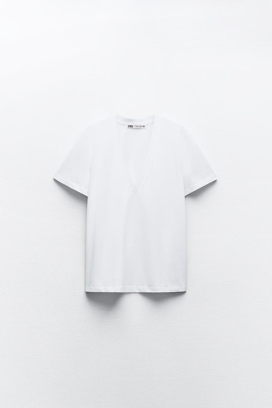 ZARA ФУТБОЛКА ИЗ ХЛОПКА С ЭНЗИМНОЙ ОБРАБОТКОЙ, БЕЛЫЙ