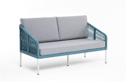"Канны" диван 2-местный плетеный из роупа, каркас алюминий светло-серый (RAL7035) муар, роуп бирюзовый круглый, ткань светло-серая