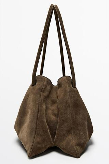 Massimo Dutti Кожаная сумка из замши со сборками, коричневый