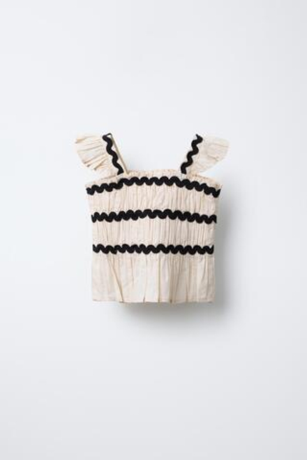 ZARA ТОП С КОНТРАСТНОЙ ВОЛНИСТОЙ ОТДЕЛКОЙ, ЭКРЮ