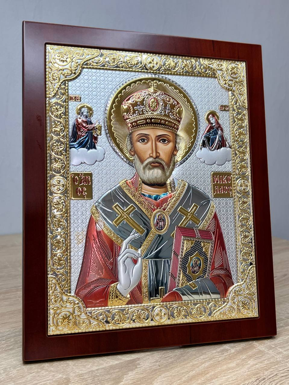 Николай Чудотворец, икона прямоугольная с рамкой, красное дерево, эмаль 150х190