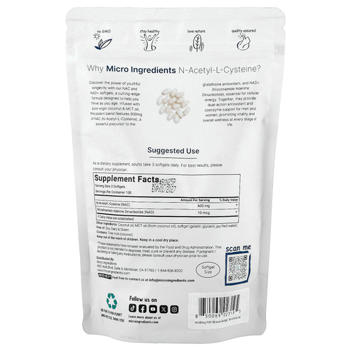 Micro Ingredients, NAC с NAD +, 300 мягких таблеток